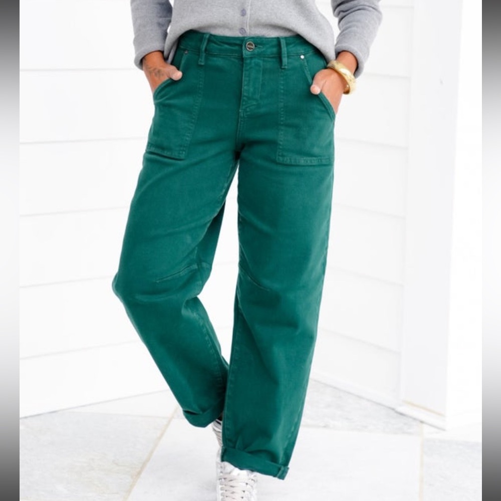 NWT Risen High Rise Green Ankle Cuffed Barrel Jeans
